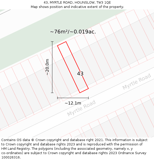 43, MYRTLE ROAD, HOUNSLOW, TW3 1QE: Plot and title map