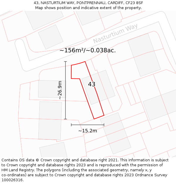 43, NASTURTIUM WAY, PONTPRENNAU, CARDIFF, CF23 8SF: Plot and title map