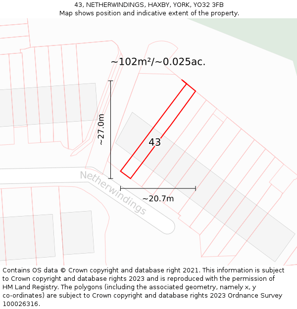 43, NETHERWINDINGS, HAXBY, YORK, YO32 3FB: Plot and title map