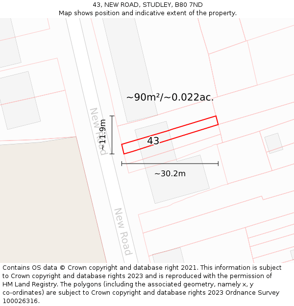 43, NEW ROAD, STUDLEY, B80 7ND: Plot and title map