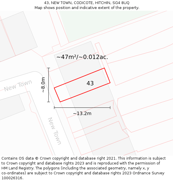 43, NEW TOWN, CODICOTE, HITCHIN, SG4 8UQ: Plot and title map