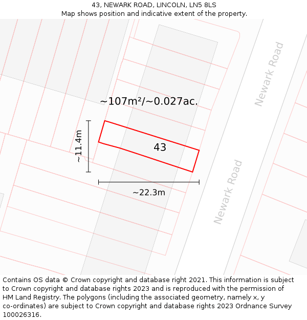 43, NEWARK ROAD, LINCOLN, LN5 8LS: Plot and title map