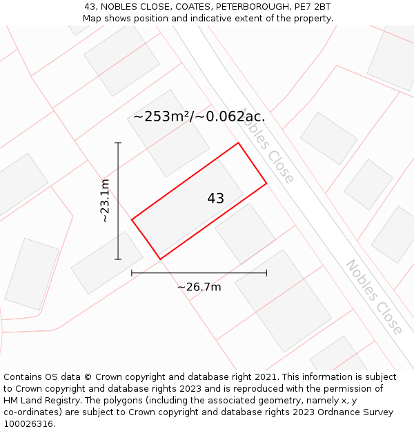 43, NOBLES CLOSE, COATES, PETERBOROUGH, PE7 2BT: Plot and title map