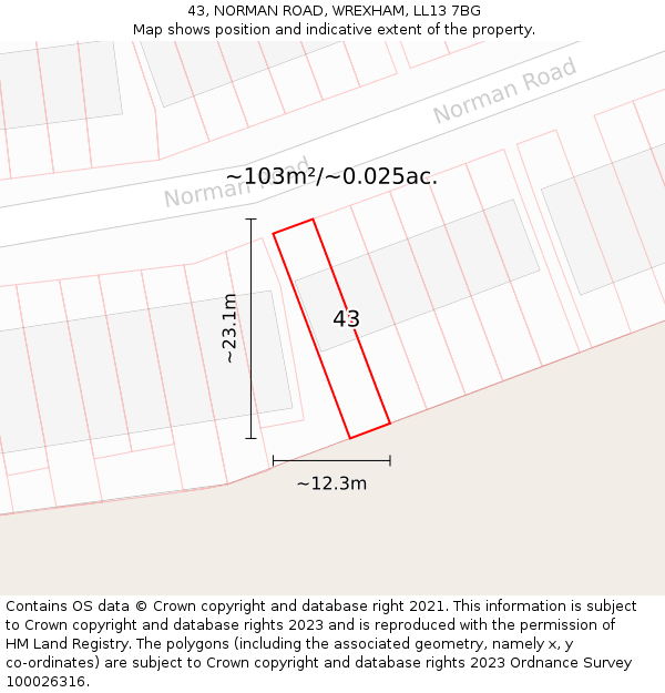 43, NORMAN ROAD, WREXHAM, LL13 7BG: Plot and title map