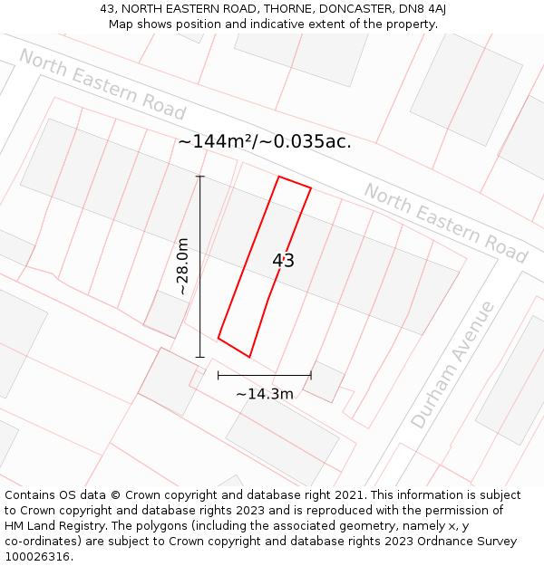 43, NORTH EASTERN ROAD, THORNE, DONCASTER, DN8 4AJ: Plot and title map