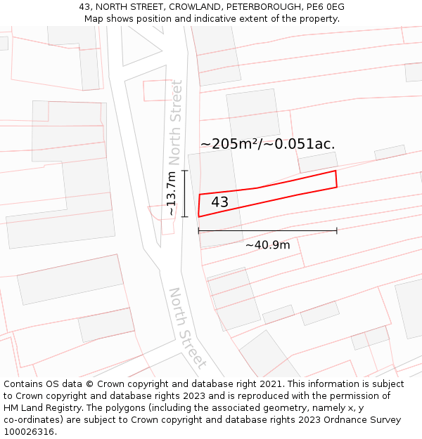 43, NORTH STREET, CROWLAND, PETERBOROUGH, PE6 0EG: Plot and title map