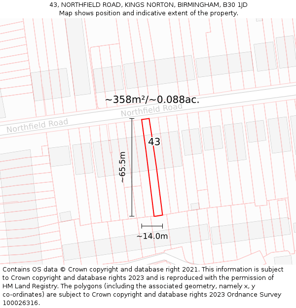 43, NORTHFIELD ROAD, KINGS NORTON, BIRMINGHAM, B30 1JD: Plot and title map