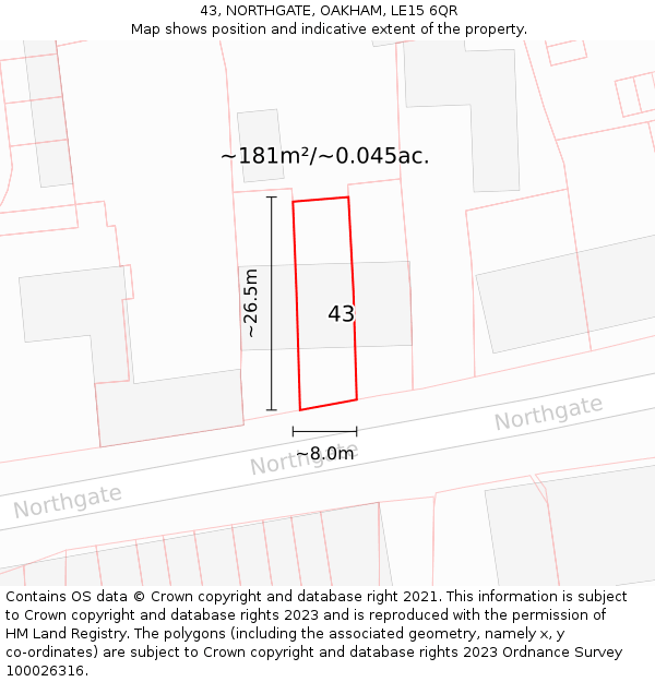 43, NORTHGATE, OAKHAM, LE15 6QR: Plot and title map