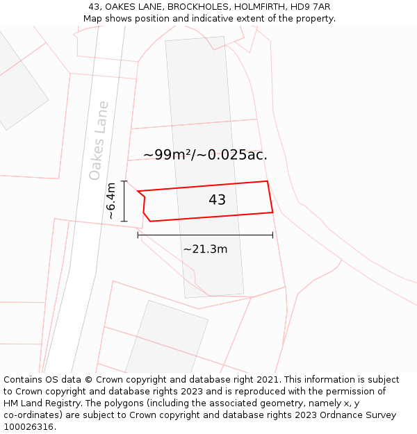 43, OAKES LANE, BROCKHOLES, HOLMFIRTH, HD9 7AR: Plot and title map