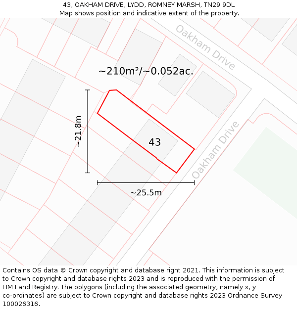 43, OAKHAM DRIVE, LYDD, ROMNEY MARSH, TN29 9DL: Plot and title map