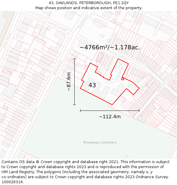 43, OAKLANDS, PETERBOROUGH, PE1 2QY: Plot and title map