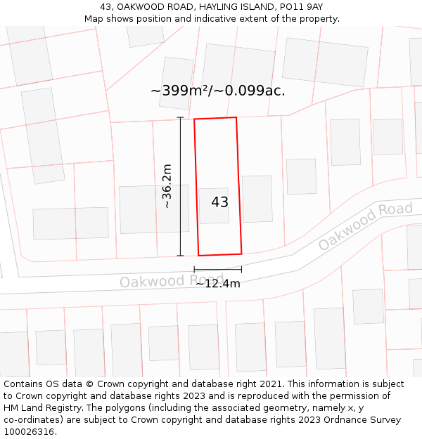 43, OAKWOOD ROAD, HAYLING ISLAND, PO11 9AY: Plot and title map