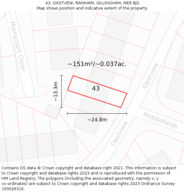 43, OASTVIEW, RAINHAM, GILLINGHAM, ME8 8JG: Plot and title map