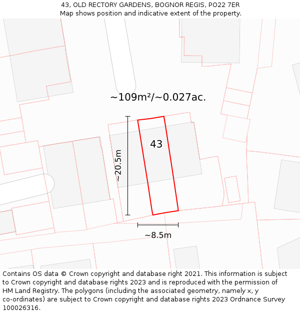 43, OLD RECTORY GARDENS, BOGNOR REGIS, PO22 7ER: Plot and title map