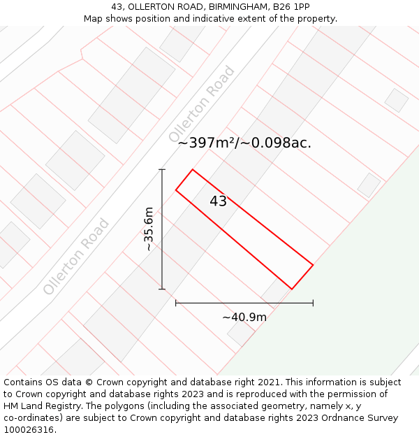 43, OLLERTON ROAD, BIRMINGHAM, B26 1PP: Plot and title map