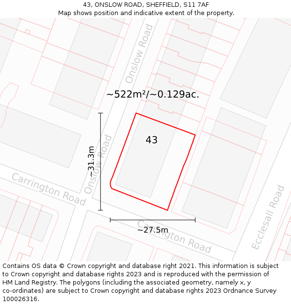 43, ONSLOW ROAD, SHEFFIELD, S11 7AF: Plot and title map