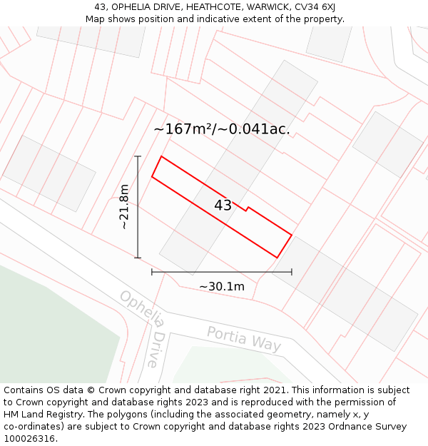 43, OPHELIA DRIVE, HEATHCOTE, WARWICK, CV34 6XJ: Plot and title map