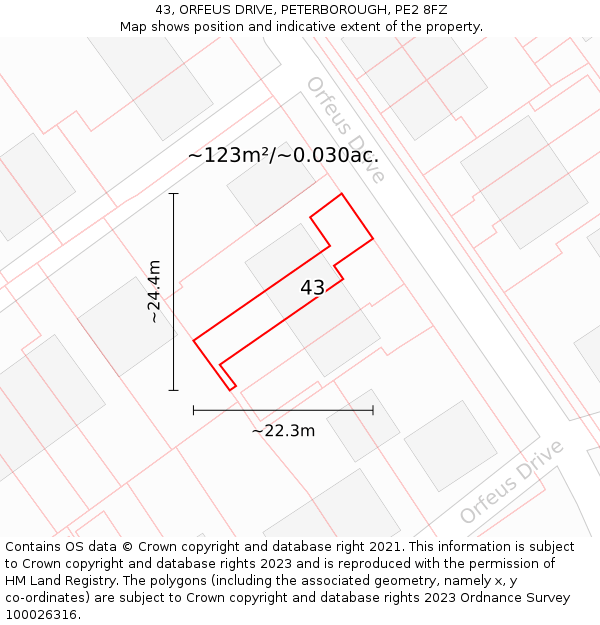 43, ORFEUS DRIVE, PETERBOROUGH, PE2 8FZ: Plot and title map
