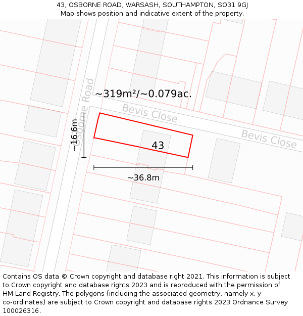 43, OSBORNE ROAD, WARSASH, SOUTHAMPTON, SO31 9GJ: Plot and title map