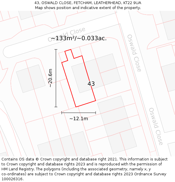 43, OSWALD CLOSE, FETCHAM, LEATHERHEAD, KT22 9UA: Plot and title map