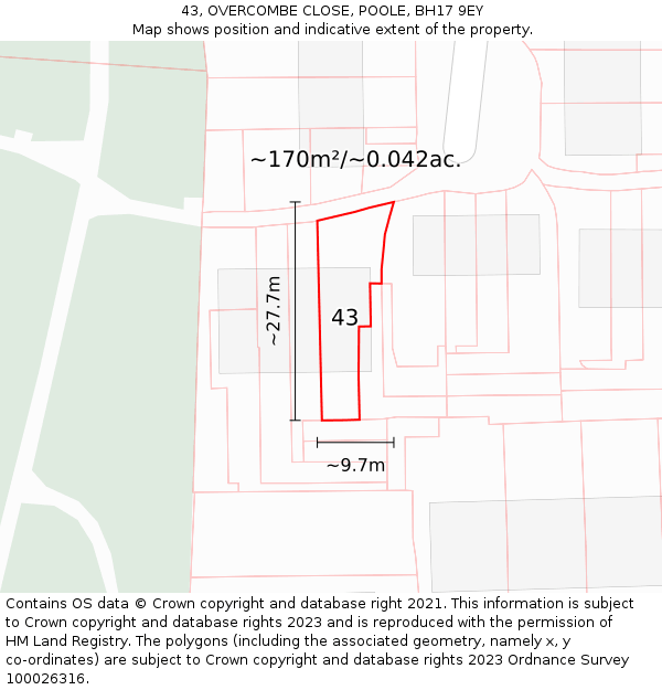43, OVERCOMBE CLOSE, POOLE, BH17 9EY: Plot and title map