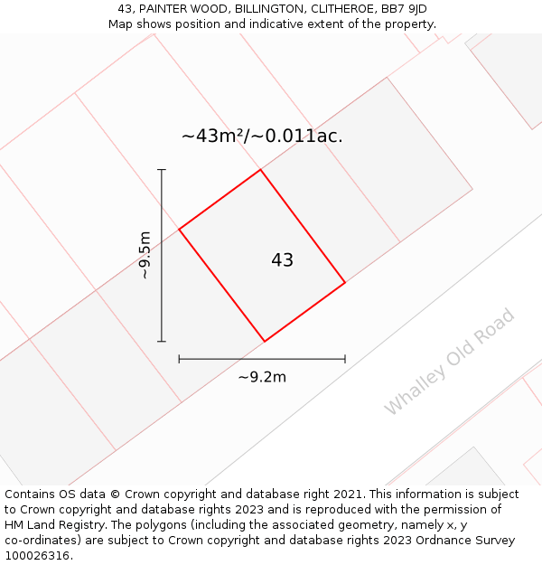 43, PAINTER WOOD, BILLINGTON, CLITHEROE, BB7 9JD: Plot and title map