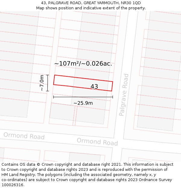 43, PALGRAVE ROAD, GREAT YARMOUTH, NR30 1QD: Plot and title map
