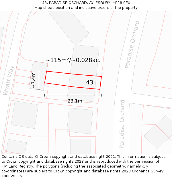 43, PARADISE ORCHARD, AYLESBURY, HP18 0EX: Plot and title map