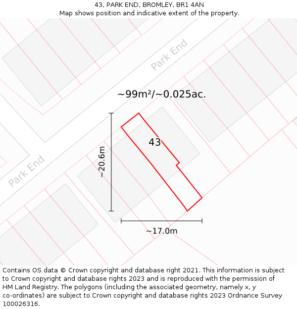 43, PARK END, BROMLEY, BR1 4AN: Plot and title map