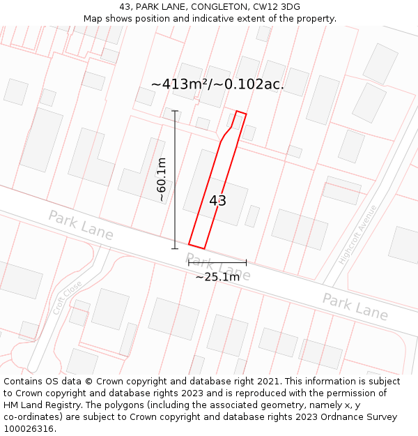 43, PARK LANE, CONGLETON, CW12 3DG: Plot and title map