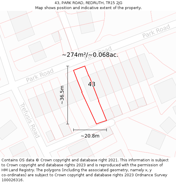 43, PARK ROAD, REDRUTH, TR15 2JG: Plot and title map