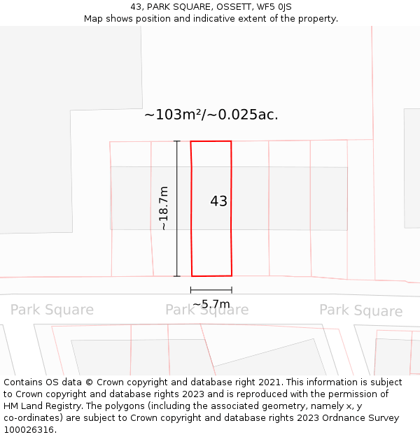 43, PARK SQUARE, OSSETT, WF5 0JS: Plot and title map