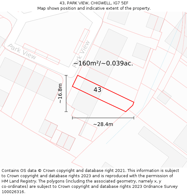 43, PARK VIEW, CHIGWELL, IG7 5EF: Plot and title map