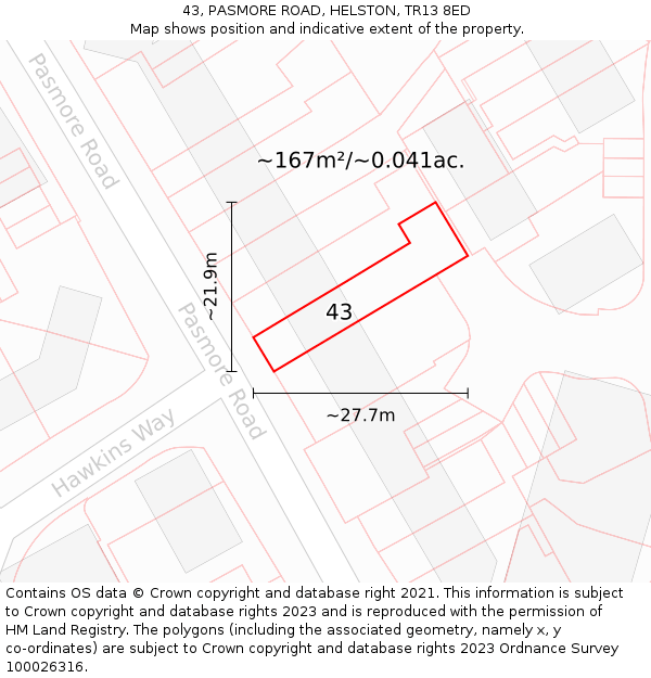 43, PASMORE ROAD, HELSTON, TR13 8ED: Plot and title map
