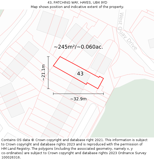 43, PATCHING WAY, HAYES, UB4 9YD: Plot and title map