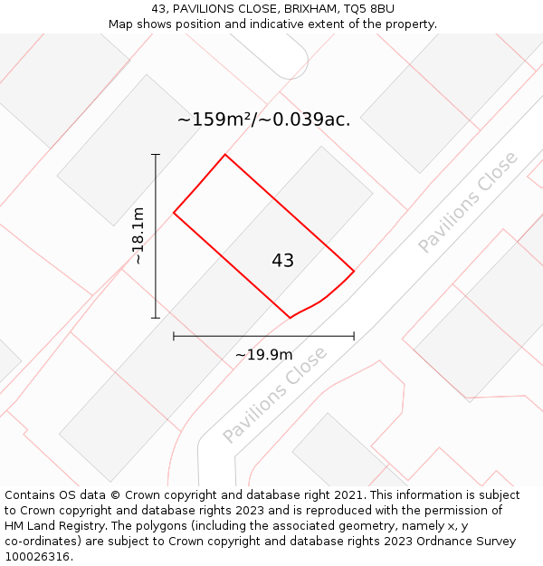 43, PAVILIONS CLOSE, BRIXHAM, TQ5 8BU: Plot and title map