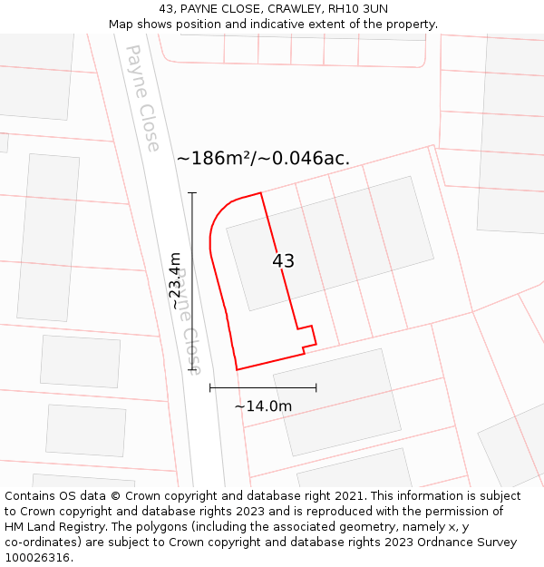 43, PAYNE CLOSE, CRAWLEY, RH10 3UN: Plot and title map