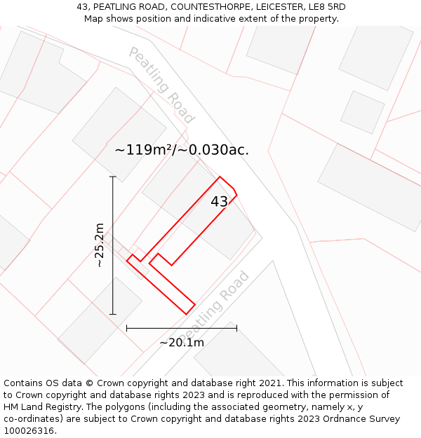 43, PEATLING ROAD, COUNTESTHORPE, LEICESTER, LE8 5RD: Plot and title map