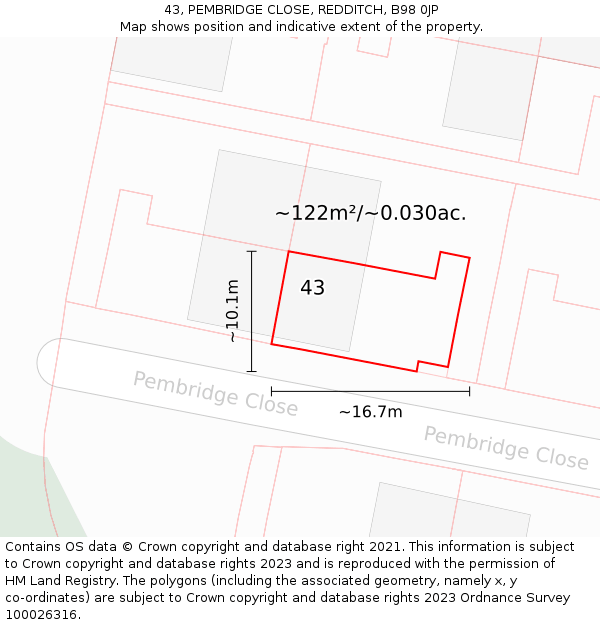 43, PEMBRIDGE CLOSE, REDDITCH, B98 0JP: Plot and title map