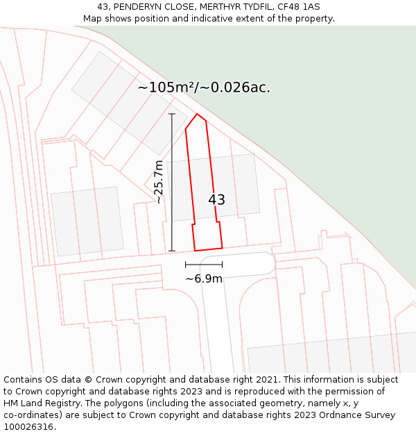 43, PENDERYN CLOSE, MERTHYR TYDFIL, CF48 1AS: Plot and title map
