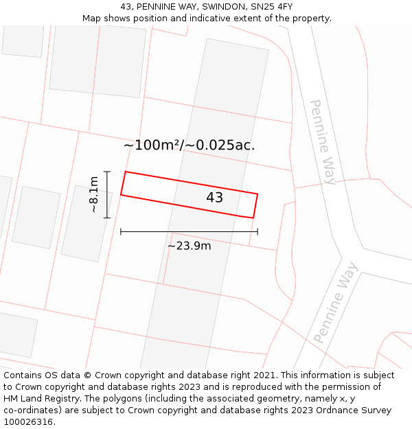 43, PENNINE WAY, SWINDON, SN25 4FY: Plot and title map