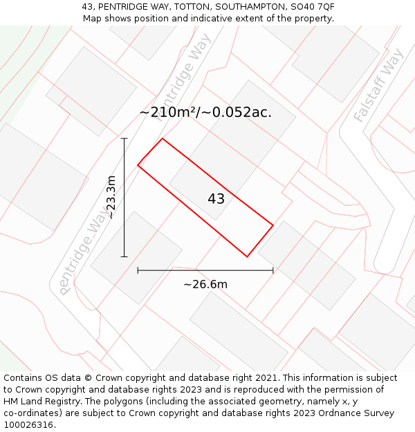 43, PENTRIDGE WAY, TOTTON, SOUTHAMPTON, SO40 7QF: Plot and title map
