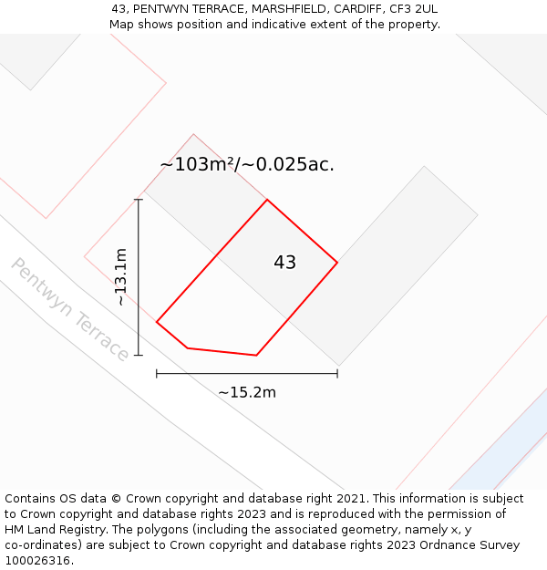43, PENTWYN TERRACE, MARSHFIELD, CARDIFF, CF3 2UL: Plot and title map