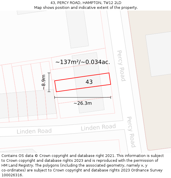 43, PERCY ROAD, HAMPTON, TW12 2LD: Plot and title map