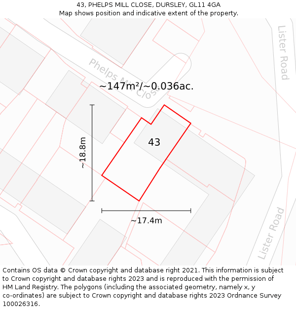 43, PHELPS MILL CLOSE, DURSLEY, GL11 4GA: Plot and title map