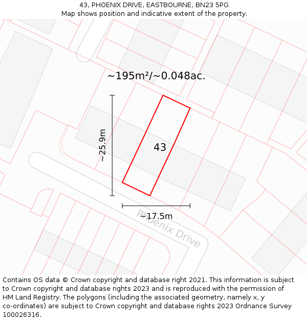 43, PHOENIX DRIVE, EASTBOURNE, BN23 5PG: Plot and title map