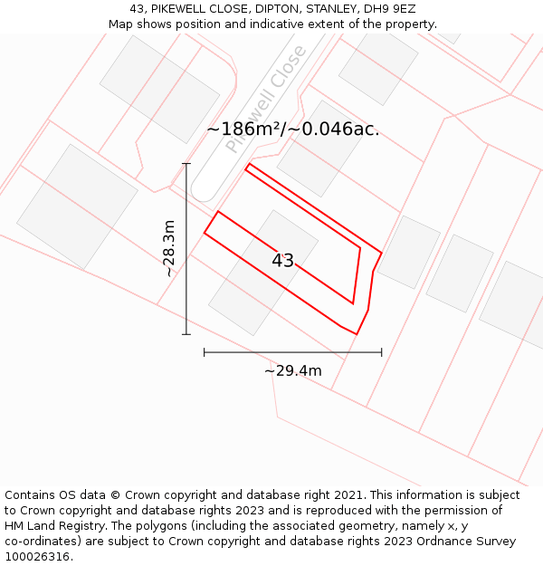 43, PIKEWELL CLOSE, DIPTON, STANLEY, DH9 9EZ: Plot and title map