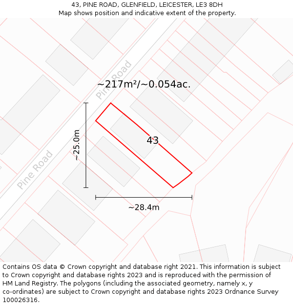 43, PINE ROAD, GLENFIELD, LEICESTER, LE3 8DH: Plot and title map