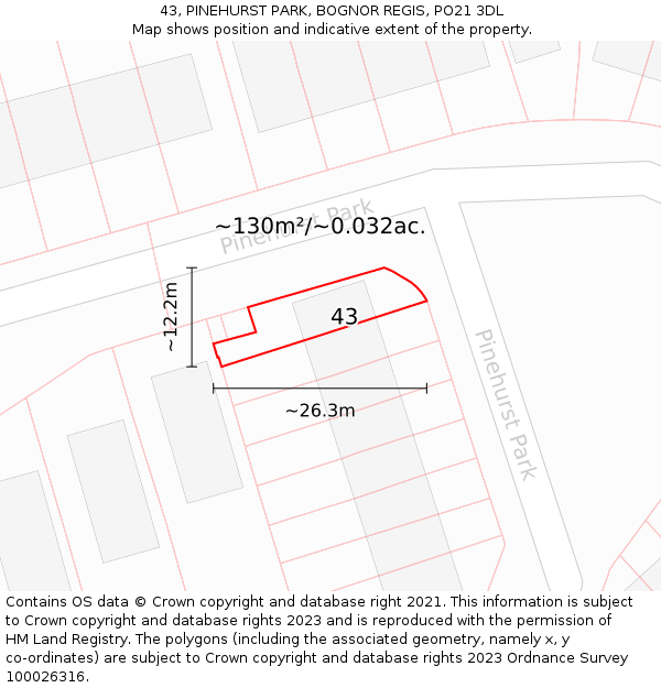 43, PINEHURST PARK, BOGNOR REGIS, PO21 3DL: Plot and title map