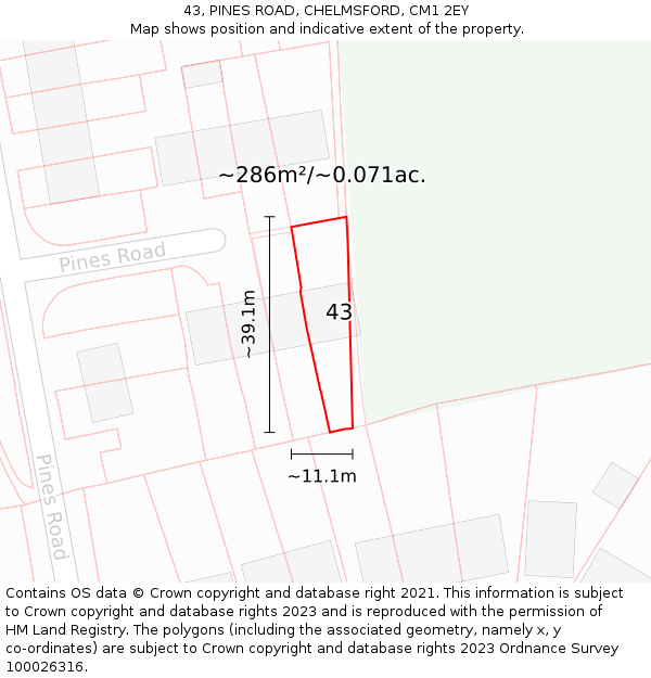 43, PINES ROAD, CHELMSFORD, CM1 2EY: Plot and title map
